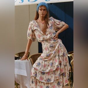 NWOT Spell | Soltice‎ Tiered Ruffle Gown Size Large Floral Cream Boho Smocking